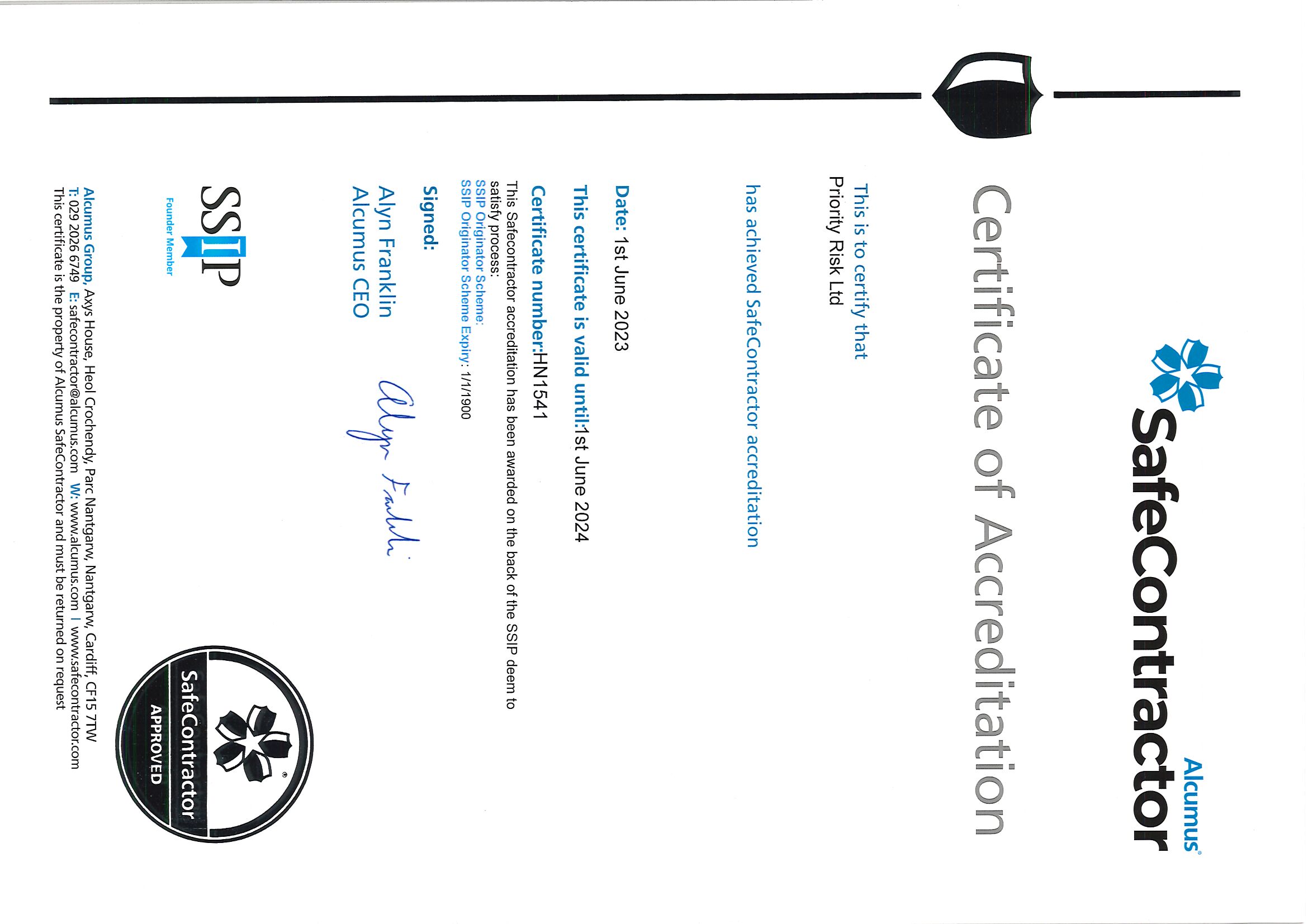 Safecontractor certificate